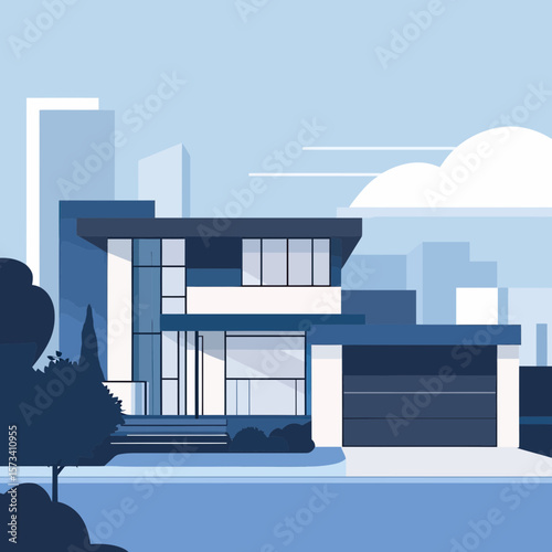 Modern minimalist two story house with large windows and garage in urban environment flat vector illustration for real estate flyer design concept
