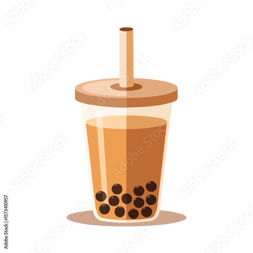 Refreshing bubble tea with tapioca pearls in a clear cup and lid topped with a straw
