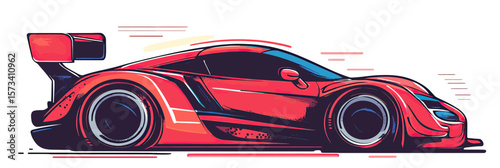 Red racing sports car side view illustration with aerodynamic design fast speed concept flat vector drawing clipart