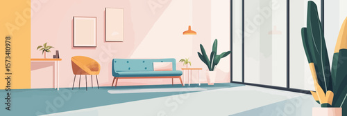 Modern minimalistic living room interior with blue sofa, yellow chair, indoor plants, large windows, and natural sunlight rays in bright spacious home lounge