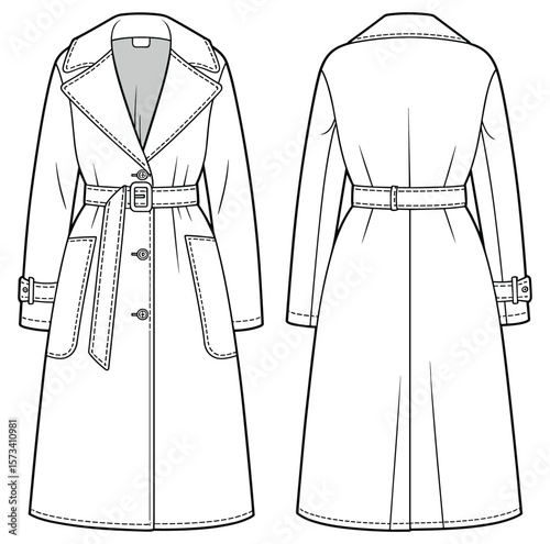 Classic trench coat technical flat, belted waist with pockets and buttons, front back view, fashion sketch, sewing pattern illustration