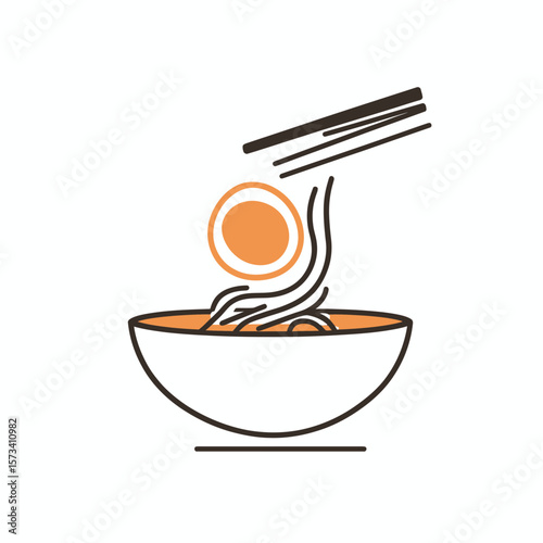 Minimalist vector illustration of bowl of ramen with chopsticks lifting noodles and half boiled egg in simple flat style for Asian food concept