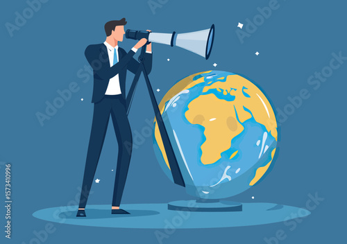 Businessman looking through telescope at large globe standing on tripod with world map, global opportunity vision concept vector illustration