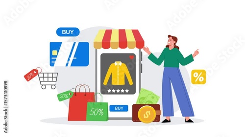 2D Illustration Animation of Woman Standing Near Shopping Cart with Phone and Items, Fast Delivery and Online Shopping Concept on Green Screen in 4K