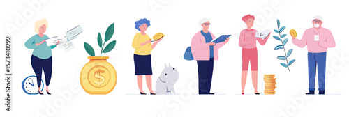 Senior people managing retirement savings and investments with coins, financial planning, digital devices, and growth symbols in flat minimalist vector style