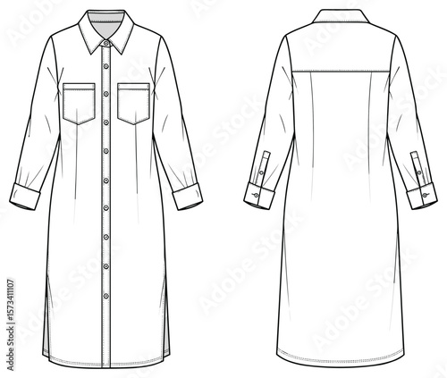Long sleeve shirt dress technical flat, button down front, pocket detail design, fashion sketch, sewing pattern, front back view illustration