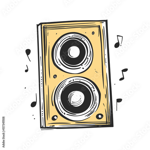Hand drawn vintage music speaker with two circular woofers and floating music notes doodle sketch style isolated vector illustration with flat minimalist design and sound symbol accents