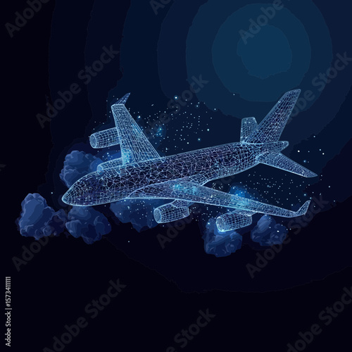 Digital wireframe 3d airplane flying over clouds with glowing particles dark blue technology concept for air travel and airline transportation vector illustration