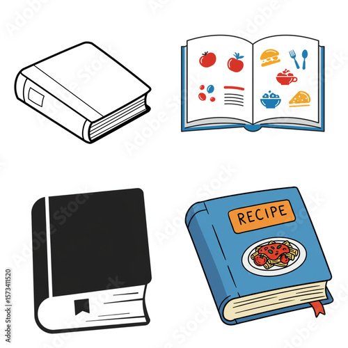 Collection of book graphics, suitable for food, writing, or education themed design elements showing recipe books and learning.