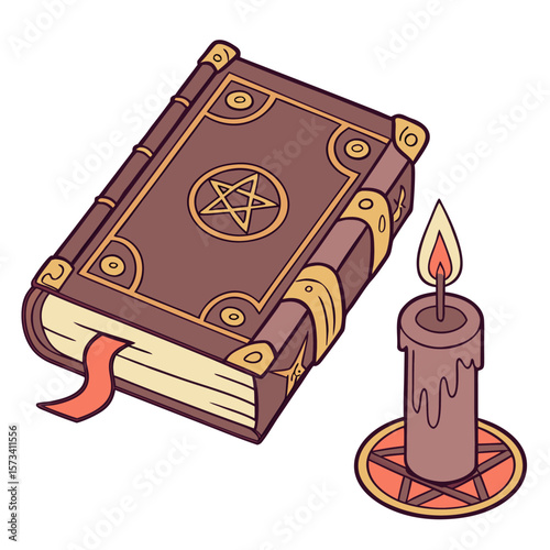 An ancient occult spellbook with a pentagram symbol on its cover rests beside a melting candle on a pentagram shaped candle holder evoking a sense of magic and mystery