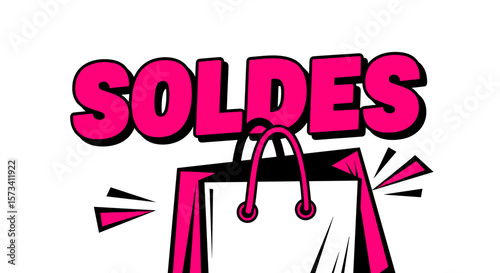 Texte « Soldes » rose en style pop art et sac de shopping sur fond blanc