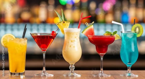 A vibrant line-up of five diverse cocktails in various glasses, each with colorful garnishes like fruit slices and straws, set on a wooden bar top with a blurred, illuminated background.