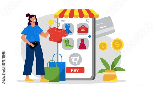 2D Illustration Animation of a Woman Holding Smartphone and Shopping for Clothes, Online Shopping Concept and E-commerce Scene in 4k Resolution