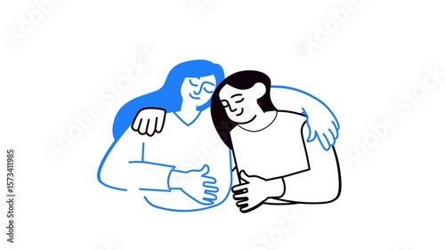 Two Women Hugging Each Other, Emotional Moment and Friendship Illustration Animation in 4K Resolution