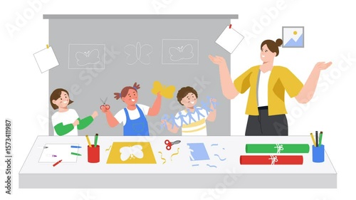 Woman Teaching Children How to Draw, Creative Art Class 2d Illustration Animation Scene in 4K Resolution