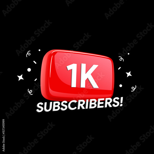 1K Subscribers banner. One thousand followers. Social media blog 1000 users achievement. Video vlog milestone. Content creator stats badge. Vector illustration design.