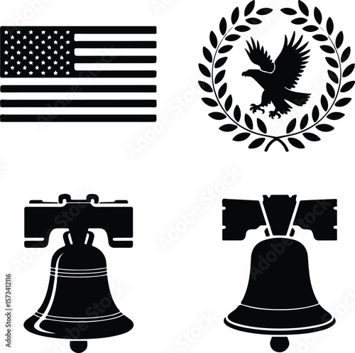 American flag eagle and liberty bells icons laurel wreath