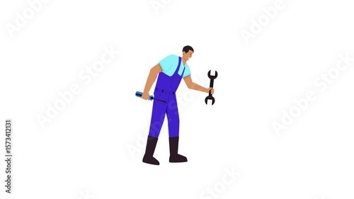 Cartoon Worker Man in Overalls Holding Wrench, Repair and Maintenance Explainer Animation in 4K Resolution