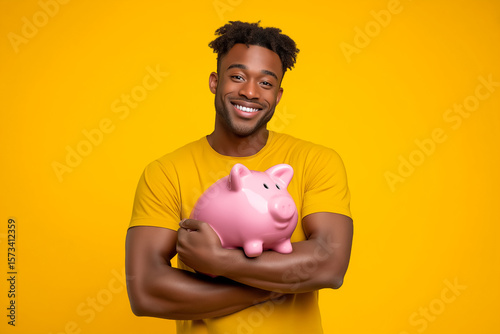 Man smiles while hugging pink piggy bank, bright yellow background enhances cheerful mood. Concept of personal finance, savings, financial literacy, banking