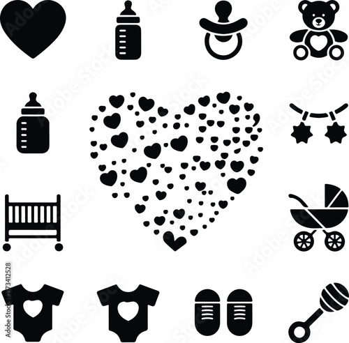 Black baby icons on white background heart teddy bear