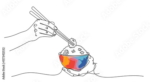 Minimalist one-line doodle of eating rice with chopsticks with watercolor texture, vector illustration on white background

