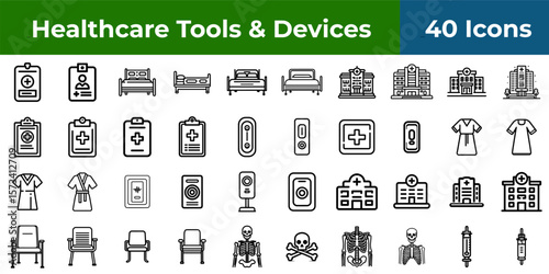 A collection of healthcare icons featuring beds hospitals clipboards and medical related equipment items shown