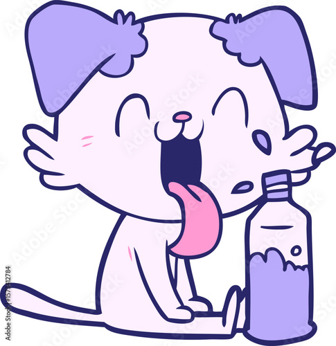 cartoon panting dog with water in bright neon color