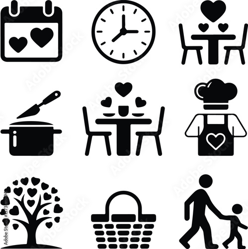 Black icons for calendar clock dining cooking chef tree basket and family