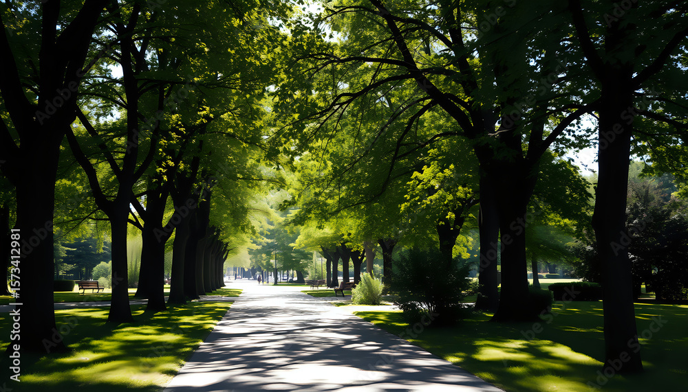 Fototapeta premium Peaceful sunny park pathway with dappled light filtering through trees.