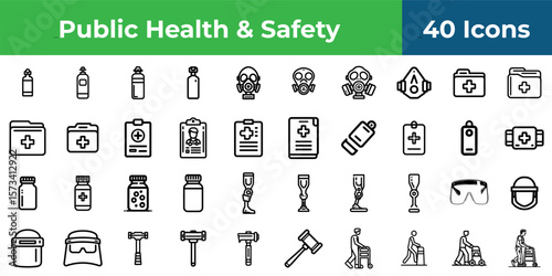 A collection of public health and safety icons including medical equipment and safety gear displayed