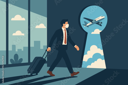 Air travel and tourism hope after COVID-19. Businessman with luggage walks in airport. Concept of business travel return, reopening borders and new opportunity after pandemic.