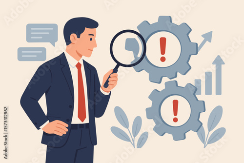 Analyze problem to fix process, solving business issue for smooth workflow. Project management, development concept. Businessman with magnifying glass inspecting system gears.