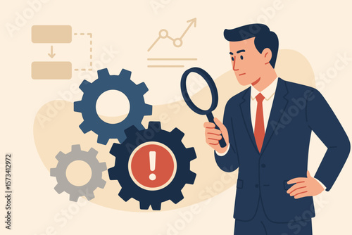 Analyzing a problem to fix the process, solving business issues for a smooth workflow. Project management concept with a leader inspecting gears for errors with a magnifier.