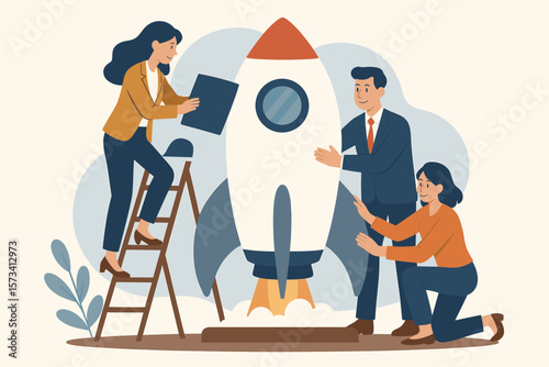 Startup launch business concept. Teamwork collaboration to build a company. People building rocket. Innovation, development, growth metaphor. Coworkers cooperation support.
