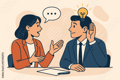 Active listening, communication skill for job effectiveness. Businessman engaged in discussion gets an idea. Aware conversation, teamwork, collaboration, consultation concept vector.
