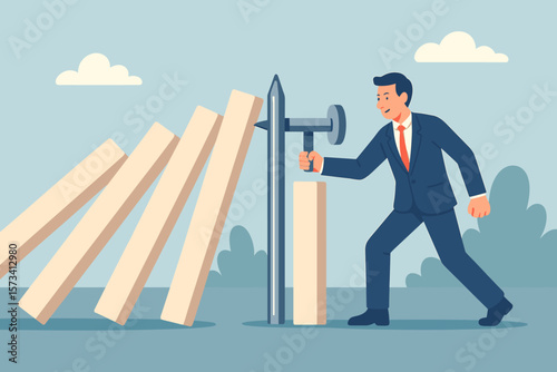 Business continuity and crisis management concept. Businessman stops the domino effect. Proactive disaster prevention, risk management strategy to protect and avoid danger.
