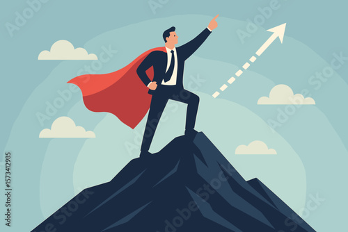 Ambition for success and motivation. Aspiration to achieve goals. Victory and career growth. Challenge concept. Successful businessman superhero on a mountain peak. Leadership.