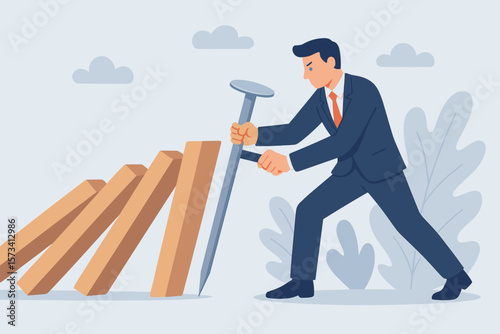 Business continuity, crisis management metaphor. Proactive risk prevention strategy. Businessman stops falling domino effect with nail. Corporate resilience, intervention concept.