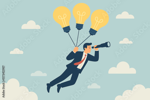 Business ideas. Creativity, innovation for new success. Finding solution. Imagination. Visionary leadership. New opportunity concept. Businessman flying on lightbulbs. Searching.