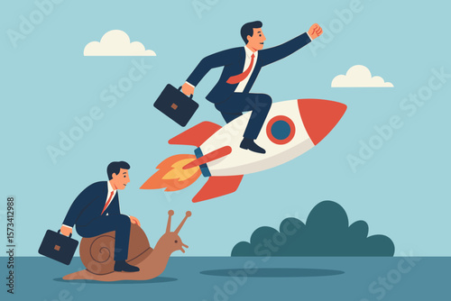 Boost fast speed to win business competition. High-performance employee on rocket. Competitive advantage and innovation skill for success. Businessman winner vs loser on snail.