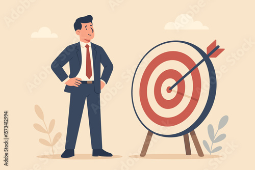 Business objective purpose target. Goal resolution and aim for success. Aspiration and motivation to achieve. Confident businessman with arrow in bullseye. Mission vector concept.
