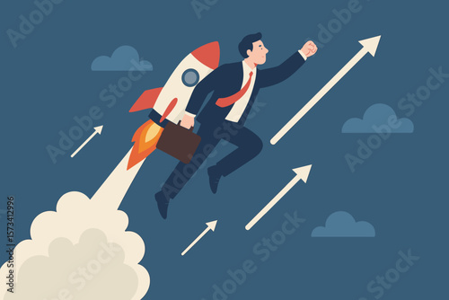 Business takeoff concept. Businessman with rocket booster flies to success. Career boost, ambition, and leadership for growth. Innovation for advantage. Startup launch.