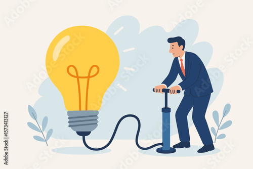 Businessman pump air into lightbulb. Create new idea, creativity, innovation to solve problem. Idea development, invention, imagination, motivation for business solution.