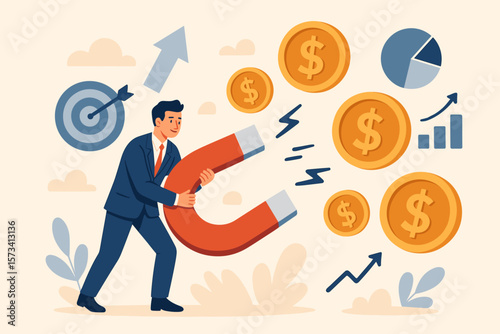 Customer acquisition cost. CAC. Marketing expense. Advertising cost for lead generation. Businessman with magnet attracts money. Optimizing conversion rate. Sales growth.