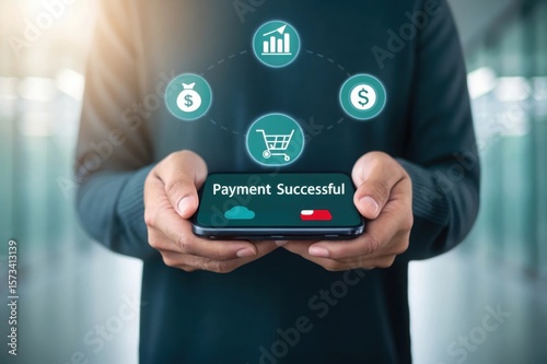 Wallpaper Mural Man holding smartphone with successful payment confirmation Torontodigital.ca