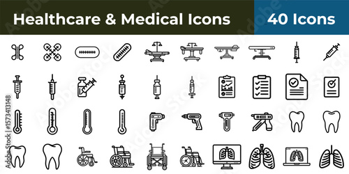 A collection of healthcare and medical icons featuring various medical equipment and diagnostics tools shown