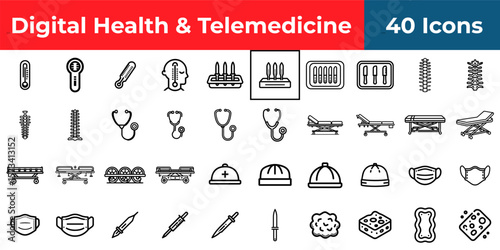 A collection of forty black and white medical icons representing digital health and telemedicine themes