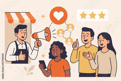 Customer loyalty and retention marketing strategy. CRM to increase sales and customer satisfaction. Store owner with megaphone announcing program to happy and loyal clients vector.