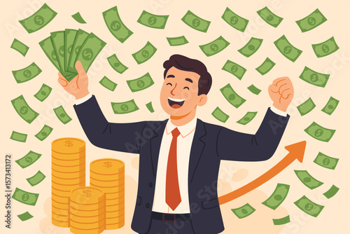 Concept of earning money and making a profit from investment. Salary increase, getting rich, wealth concept. Happy businessman millionaire holding cash. Financial success vector.