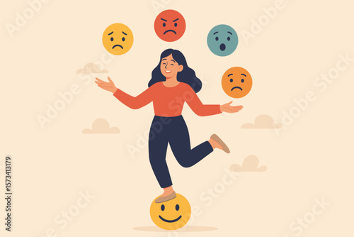 Emotional intelligence concept. Woman juggling emotions. Control feelings for mental balance. Psychology of happiness over anxiety. Positive mindset and self-regulation for success.